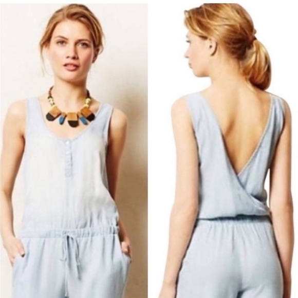 Cloth & Stone Tencel Jumpsuit chambray size medium blue denim wrap Summer tank - Picture 6 of 16